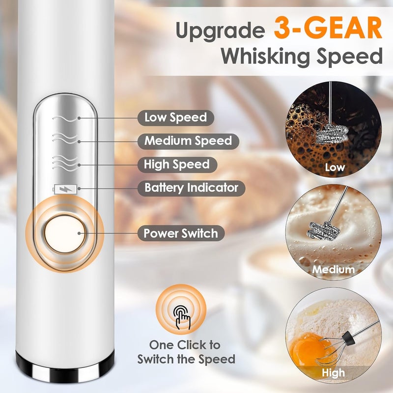 Toughwild Milk Frother Handheld, Rechargeable Coffee Frother Wand with 2 Stainless Whisks 3 Speeds, Drink Mixer, Electric Foam Maker, Hand Mixer for Lattes, Cappuccino, Matcha, Egg, White - Image 3